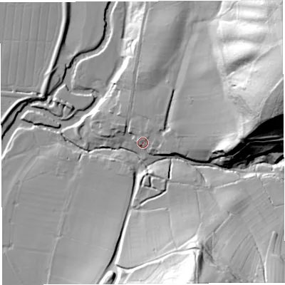 Shaded relief map of the ground around HR14LW, computed from Environment Agency LiDAR. The ground here sits at about 50 m above sea level and falls 75 m across the surrounding 800 m. Surface water reaching this point runs off ground lying to the north-east, 4.6 m higher.