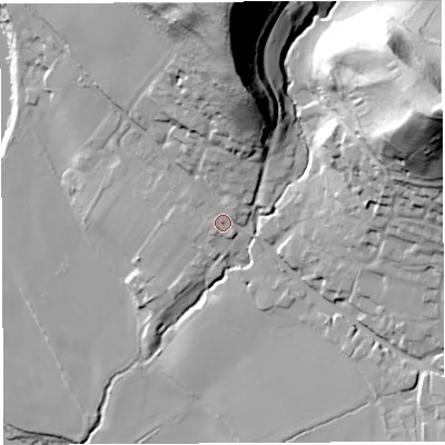 Shaded relief map of the ground around HR14NJ, computed from Environment Agency LiDAR. The ground here sits at about 50 m above sea level and falls 76 m across the surrounding 800 m. Surface water reaching this point runs off ground lying to the north, 40.0 m higher.