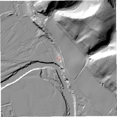 Shaded relief map of the ground around HR14NT, computed from Environment Agency LiDAR. The ground here sits at about 46 m above sea level and falls 120 m across the surrounding 800 m. Surface water reaching this point runs off ground lying to the north-east, 108.2 m higher.