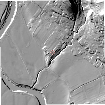 Shaded relief map of the ground around HR14NX, computed from Environment Agency LiDAR. The ground here sits at about 48 m above sea level and falls 59 m across the surrounding 800 m. Surface water reaching this point runs off ground lying to the north-east, 2.6 m higher.
