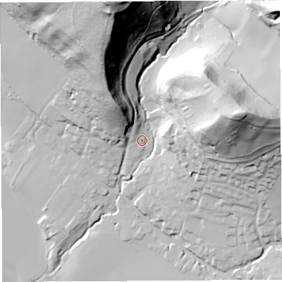 Shaded relief map of the ground around HR14PA, computed from Environment Agency LiDAR. The ground here sits at about 53 m above sea level and falls 89 m across the surrounding 800 m. Surface water reaching this point runs off ground lying to the north-north-west, 5.1 m higher.