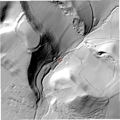 Shaded relief map of the ground around HR14PD, computed from Environment Agency LiDAR. The ground here sits at about 59 m above sea level and falls 95 m across the surrounding 800 m. Surface water reaching this point runs off ground lying to the north-west, 86.1 m higher.