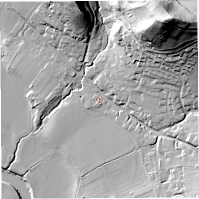 Shaded relief map of the ground around HR14PE, computed from Environment Agency LiDAR. The ground here sits at about 51 m above sea level and falls 76 m across the surrounding 800 m. Surface water reaching this point runs off ground lying to the north-east, 66.4 m higher.