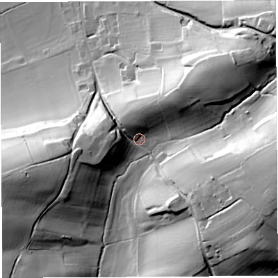 Shaded relief map of the ground around HR14PJ, computed from Environment Agency LiDAR. The ground here sits at about 69 m above sea level and falls 51 m across the surrounding 800 m. Surface water reaching this point runs off ground lying to the west, 15.5 m higher.