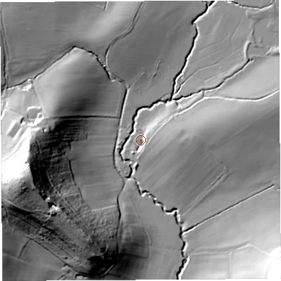 Shaded relief map of the ground around HR14RB, computed from Environment Agency LiDAR. The ground here sits at about 80 m above sea level and falls 55 m across the surrounding 800 m. Surface water reaching this point runs off ground lying to the east, 8.4 m higher.