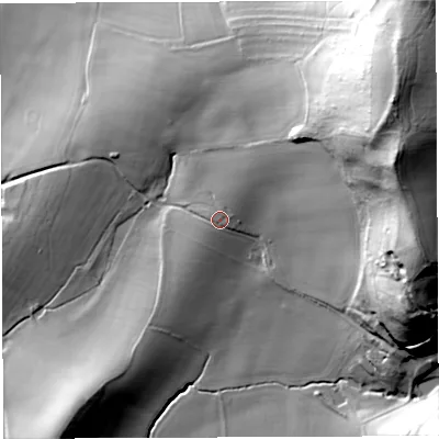 Shaded relief map of the ground around HR14RD, computed from Environment Agency LiDAR. The ground here sits at about 107 m above sea level and falls 84 m across the surrounding 800 m. Surface water reaching this point runs off ground lying to the north-east, 2.4 m higher.