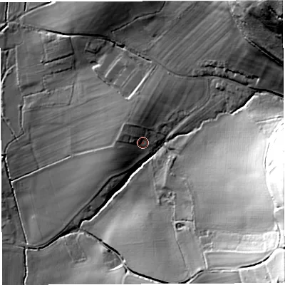 Shaded relief map of the ground around HR14RF, computed from Environment Agency LiDAR. The ground here sits at about 102 m above sea level and falls 68 m across the surrounding 800 m. Surface water reaching this point runs off ground lying to the north-west, 4.5 m higher.