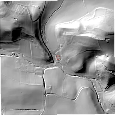 Shaded relief map of the ground around HR14RL, computed from Environment Agency LiDAR. The ground here sits at about 80 m above sea level and falls 75 m across the surrounding 800 m. Surface water reaching this point runs off ground lying to the east-north-east, 63.2 m higher.