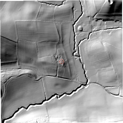 Shaded relief map of the ground around HR14RW, computed from Environment Agency LiDAR. The ground here sits at about 76 m above sea level and falls 47 m across the surrounding 800 m. Surface water reaching this point runs off ground lying to the west, 6.8 m higher.