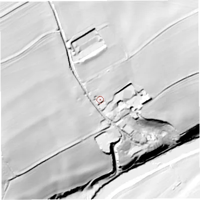 Shaded relief map of the ground around HR14SP, computed from Environment Agency LiDAR. The ground here sits at about 68 m above sea level and falls 62 m across the surrounding 800 m. Surface water reaching this point runs off ground lying to the north, 20.9 m higher.