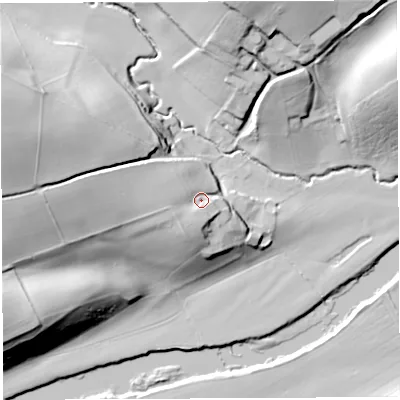 Shaded relief map of the ground around HR14SR, computed from Environment Agency LiDAR. The ground here sits at about 48 m above sea level and falls 44 m across the surrounding 800 m. Surface water reaching this point runs off ground lying to the west, 14.5 m higher.
