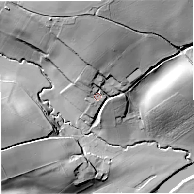 Shaded relief map of the ground around HR14SS, computed from Environment Agency LiDAR. The ground here sits at about 53 m above sea level and falls 56 m across the surrounding 800 m. Surface water reaching this point runs off ground lying to the north-north-west, 12.8 m higher.