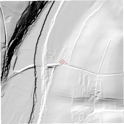 Shaded relief map of the ground around HR14TT, computed from Environment Agency LiDAR. The ground here sits at about 41 m above sea level and falls 66 m across the surrounding 800 m. Surface water reaching this point runs off ground lying to the east-south-east, 25.9 m higher.