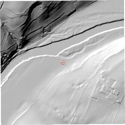 Shaded relief map of the ground around HR14TU, computed from Environment Agency LiDAR. The ground here sits at about 40 m above sea level and falls 82 m across the surrounding 800 m. Surface water reaching this point runs off ground lying to the south-east, 15.1 m higher.
