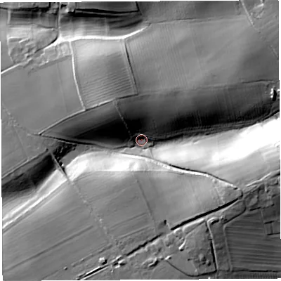 Shaded relief map of the ground around HR14TX, computed from Environment Agency LiDAR. The ground here sits at about 49 m above sea level and falls 39 m across the surrounding 800 m. Surface water reaching this point runs off ground lying to the east, 32.4 m higher.