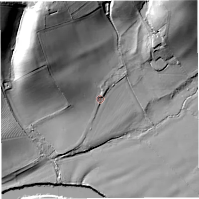 Shaded relief map of the ground around HR14UB, computed from Environment Agency LiDAR. The ground here sits at about 40 m above sea level and falls 35 m across the surrounding 800 m. Surface water reaching this point runs off ground lying to the north-west, 24.2 m higher.