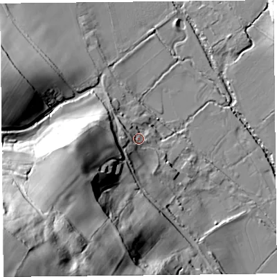Shaded relief map of the ground around HR20AA, computed from Environment Agency LiDAR. The ground here sits at about 84 m above sea level and falls 93 m across the surrounding 800 m. Surface water reaching this point runs off ground lying to the west-south-west, 45.8 m higher.