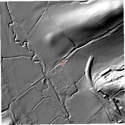 Shaded relief map of the ground around HR20AD, computed from Environment Agency LiDAR. The ground here sits at about 82 m above sea level and falls 43 m across the surrounding 800 m. Surface water reaching this point runs off ground lying to the north-east, 37.7 m higher.