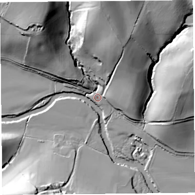 Shaded relief map of the ground around HR20BY, computed from Environment Agency LiDAR. The ground here sits at about 65 m above sea level and falls 49 m across the surrounding 800 m. Surface water reaching this point runs off ground lying to the north-north-east, 35.9 m higher.