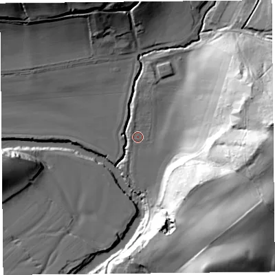 Shaded relief map of the ground around HR20DA, computed from Environment Agency LiDAR. The ground here sits at about 62 m above sea level and falls 61 m across the surrounding 800 m. Surface water reaching this point runs off ground lying to the east-north-east, 38.2 m higher.