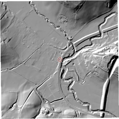 Shaded relief map of the ground around HR20DH, computed from Environment Agency LiDAR. The ground here sits at about 70 m above sea level and falls 39 m across the surrounding 800 m. Surface water reaching this point runs off ground lying to the south-west, 30.4 m higher.