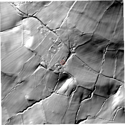 Shaded relief map of the ground around HR20DY, computed from Environment Agency LiDAR. The ground here sits at about 175 m above sea level and falls 142 m across the surrounding 800 m. Surface water reaching this point runs off ground lying to the north-east, 81.2 m higher.