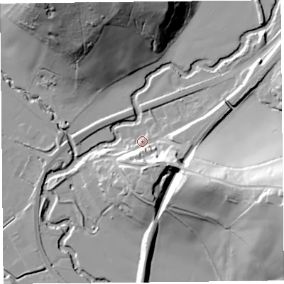 Shaded relief map of the ground around HR20EH, computed from Environment Agency LiDAR. The ground here sits at about 72 m above sea level and falls 54 m across the surrounding 800 m. Surface water reaching this point runs off ground lying to the south-east, 18.9 m higher.