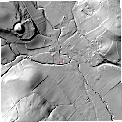 Shaded relief map of the ground around HR20EQ, computed from Environment Agency LiDAR. The ground here sits at about 77 m above sea level and falls 70 m across the surrounding 800 m. Surface water reaching this point runs off ground lying to the north-west, 45.2 m higher.