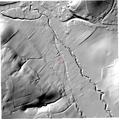 Shaded relief map of the ground around HR20ES, computed from Environment Agency LiDAR. The ground here sits at about 74 m above sea level and falls 67 m across the surrounding 800 m. Surface water reaching this point runs off ground lying to the west-south-west, 63.6 m higher.