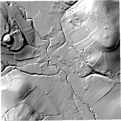 Shaded relief map of the ground around HR20EU, computed from Environment Agency LiDAR. The ground here sits at about 76 m above sea level and falls 60 m across the surrounding 800 m. Surface water reaching this point runs off ground lying to the east-north-east, 57.1 m higher.
