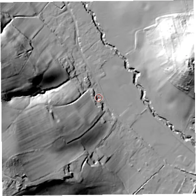 Shaded relief map of the ground around HR20EW, computed from Environment Agency LiDAR. The ground here sits at about 73 m above sea level and falls 57 m across the surrounding 800 m. Surface water reaching this point runs off ground lying to the south-west, 26.3 m higher.