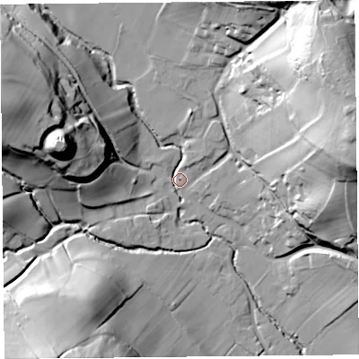 Shaded relief map of the ground around HR20EX, computed from Environment Agency LiDAR. The ground here sits at about 76 m above sea level and falls 60 m across the surrounding 800 m. Surface water reaching this point runs off ground lying to the west-north-west, 45.9 m higher.