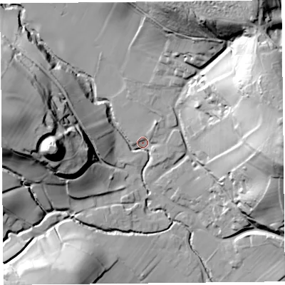 Shaded relief map of the ground around HR20EY, computed from Environment Agency LiDAR. The ground here sits at about 76 m above sea level and falls 59 m across the surrounding 800 m. Surface water reaching this point runs off ground lying to the north-north-east, 49.6 m higher.