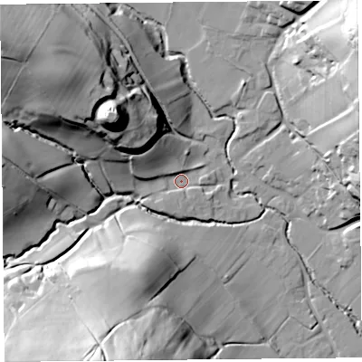 Shaded relief map of the ground around HR20HA, computed from Environment Agency LiDAR. The ground here sits at about 78 m above sea level and falls 57 m across the surrounding 800 m. Surface water reaching this point runs off ground lying to the west-north-west, 14.0 m higher.