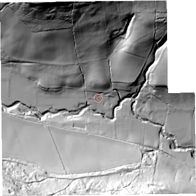 Shaded relief map of the ground around HR20HJ, computed from Environment Agency LiDAR. The ground here sits at about 88 m above sea level and falls 95 m across the surrounding 800 m. Surface water reaching this point runs off ground lying to the north, 12.8 m higher.