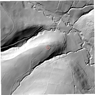 Shaded relief map of the ground around HR20HL, computed from Environment Agency LiDAR. The ground here sits at about 142 m above sea level and falls 89 m across the surrounding 800 m. Surface water reaching this point runs off ground lying to the west-south-west, 5.8 m higher.