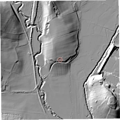Shaded relief map of the ground around HR20JA, computed from Environment Agency LiDAR. The ground here sits at about 79 m above sea level and falls 28 m across the surrounding 800 m. Surface water reaching this point runs off ground lying to the north-north-west, 6.3 m higher.