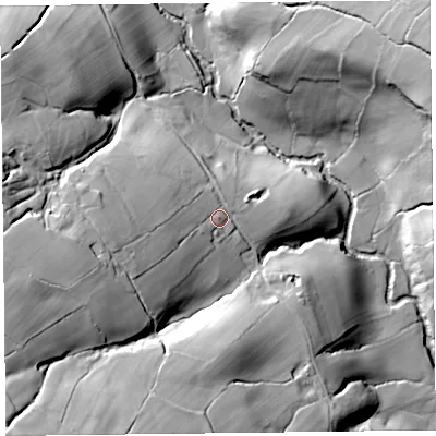 Shaded relief map of the ground around HR20JW, computed from Environment Agency LiDAR. The ground here sits at about 211 m above sea level and falls 61 m across the surrounding 800 m. Surface water reaching this point runs off ground lying to the west-south-west, 16.6 m higher.