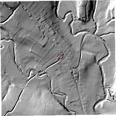 Shaded relief map of the ground around HR20LS, computed from Environment Agency LiDAR. The ground here sits at about 145 m above sea level and falls 49 m across the surrounding 800 m. Surface water reaching this point runs off ground lying to the north-north-west, 6.3 m higher.