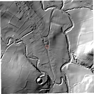 Shaded relief map of the ground around HR20LT, computed from Environment Agency LiDAR. The ground here sits at about 134 m above sea level and falls 49 m across the surrounding 800 m. Surface water reaching this point runs off ground lying to the north-west, 25.5 m higher.