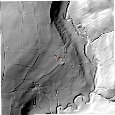 Shaded relief map of the ground around HR20LU, computed from Environment Agency LiDAR. The ground here sits at about 179 m above sea level and falls 70 m across the surrounding 800 m. Surface water reaching this point runs off ground lying to the west-north-west, 30.7 m higher.