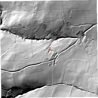 Shaded relief map of the ground around HR20NA, computed from Environment Agency LiDAR. The ground here sits at about 206 m above sea level and falls 139 m across the surrounding 800 m. Surface water reaching this point runs off ground lying to the south-east, 70.6 m higher.