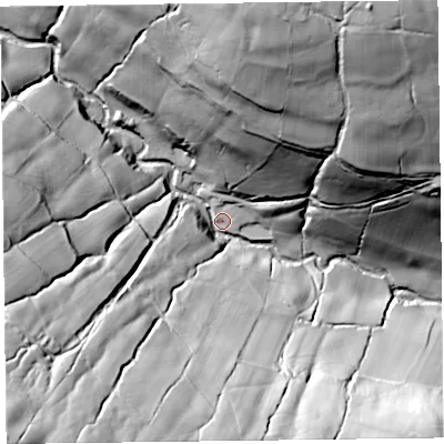 Shaded relief map of the ground around HR20NH, computed from Environment Agency LiDAR. The ground here sits at about 241 m above sea level and falls 120 m across the surrounding 800 m. Surface water reaching this point runs off ground lying to the south-west, 109.1 m higher.
