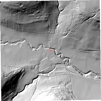 Shaded relief map of the ground around HR20NW, computed from Environment Agency LiDAR. The ground here sits at about 93 m above sea level and falls 87 m across the surrounding 800 m. Surface water reaching this point runs off ground lying to the north-east, 83.9 m higher.