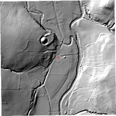 Shaded relief map of the ground around HR20NY, computed from Environment Agency LiDAR. The ground here sits at about 129 m above sea level and falls 56 m across the surrounding 800 m. Surface water reaching this point runs off ground lying to the west-north-west, 30.8 m higher.