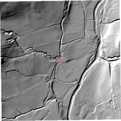 Shaded relief map of the ground around HR20NZ, computed from Environment Agency LiDAR. The ground here sits at about 125 m above sea level and falls 53 m across the surrounding 800 m. Surface water reaching this point runs off ground lying to the north-west, 47.0 m higher.