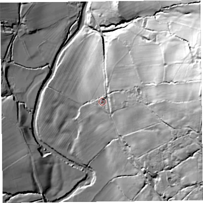 Shaded relief map of the ground around HR20PD, computed from Environment Agency LiDAR. The ground here sits at about 134 m above sea level and falls 96 m across the surrounding 800 m. Surface water reaching this point runs off ground lying to the east, 81.0 m higher.