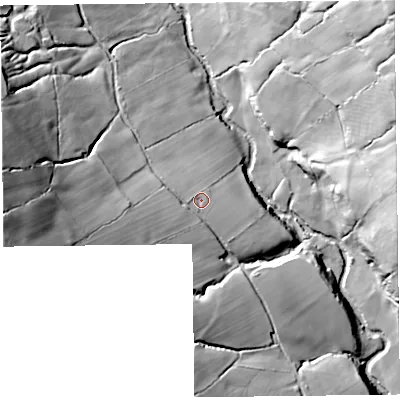 Shaded relief map of the ground around HR20PH, computed from Environment Agency LiDAR. The ground here sits at about 216 m above sea level and falls 69 m across the surrounding 800 m. Surface water reaching this point runs off ground lying to the west-south-west, 40.7 m higher.