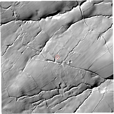 Shaded relief map of the ground around HR20PT, computed from Environment Agency LiDAR. The ground here sits at about 300 m above sea level and falls 129 m across the surrounding 800 m. Surface water reaching this point runs off ground lying to the south-west, 61.0 m higher.