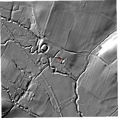 Shaded relief map of the ground around HR20QE, computed from Environment Agency LiDAR. The ground here sits at about 103 m above sea level and falls 18 m across the surrounding 800 m. Surface water reaching this point runs off ground lying to the north, 3.6 m higher.